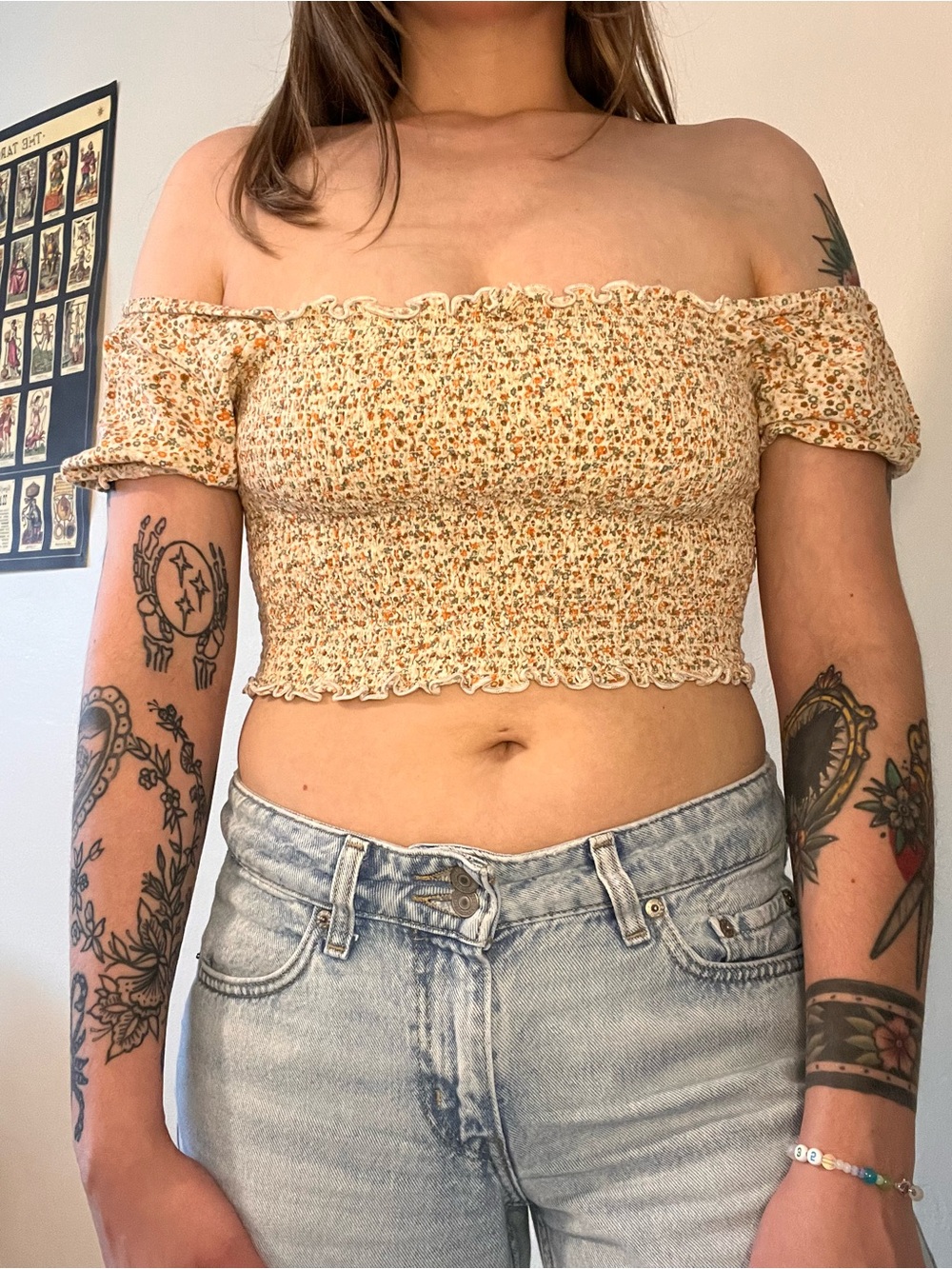 Aerie Cream Floral Smocked Off-Shoulder Crop Top